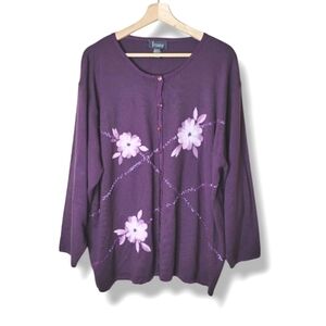 Jenny Plum Cardigan Sweater Cottagecore Felted Floral Beaded Cozy Feminine Sz 3X